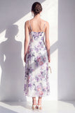 Roze Flower Spaghetti strapless schede Chiffon gerimpelde midi jurk met split