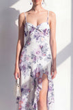 Roze Flower Spaghetti strapless schede Chiffon gerimpelde midi jurk met split