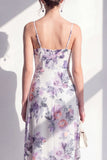 Roze Flower Spaghetti strapless schede Chiffon gerimpelde midi jurk met split