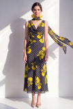 Zwarte gele bloem A-lijn V-hals chiffon midi-jurk met halsdoek