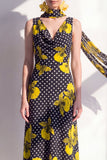 Zwarte gele bloem A-lijn V-hals chiffon midi-jurk met halsdoek