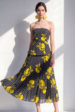 Strapless zwarte gele bloem A-lijn chiffon midijurk