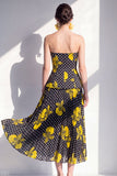 Strapless zwarte gele bloem A-lijn chiffon midijurk