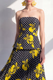 Strapless zwarte gele bloem A-lijn chiffon midijurk