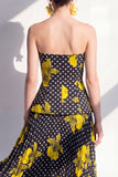 Strapless zwarte gele bloem A-lijn chiffon midijurk