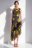 Zwarte Gele Bloem A-lijn Asymmetrische Chiffon Chiffon Midi-jurk