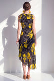 Zwarte Gele Bloem A-lijn Asymmetrische Chiffon Chiffon Midi-jurk