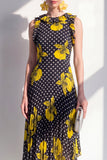 Zwarte Gele Bloem A-lijn Asymmetrische Chiffon Chiffon Midi-jurk