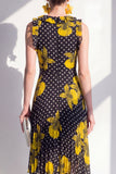 Zwarte Gele Bloem A-lijn Asymmetrische Chiffon Chiffon Midi-jurk