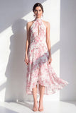 Roze Bloem A-lijn Chiffon Halter Neck Midi jurk