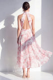 Roze Bloem A-lijn Chiffon Halter Neck Midi jurk