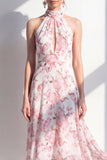 Roze Bloem A-lijn Chiffon Halter Neck Midi jurk