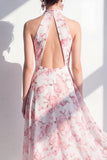 Roze Bloem A-lijn Chiffon Halter Neck Midi jurk
