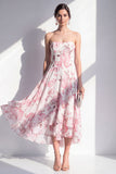 A-lijn roze bloemen chiffon strapless midi jurk