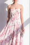 A-lijn roze bloemen chiffon strapless midi jurk