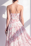 A-lijn roze bloemen chiffon strapless midi jurk
