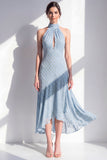 Olijfgroene A-lijn halter hals chiffon midi jurk