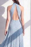 Olijfgroene A-lijn halter hals chiffon midi jurk