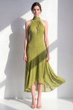 Olijfgroene A-lijn halter hals chiffon midi jurk