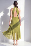 Olijfgroene A-lijn halter hals chiffon midi jurk