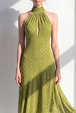 Olijfgroene A-lijn halter hals chiffon midi jurk