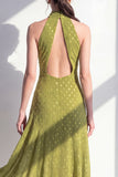 Olijfgroene A-lijn halter hals chiffon midi jurk
