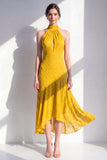 Olijfgroene A-lijn halter hals chiffon midi jurk