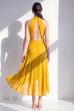 Olijfgroene A-lijn halter hals chiffon midi jurk