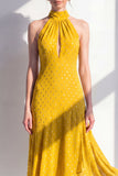 Olijfgroene A-lijn halter hals chiffon midi jurk