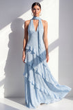 A-lijn gele halter hals chiffon maxi jurk met ruches