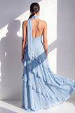 A-lijn gele halter hals chiffon maxi jurk met ruches