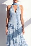 A-lijn gele halter hals chiffon maxi jurk met ruches