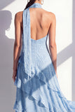 A-lijn gele halter hals chiffon maxi jurk met ruches