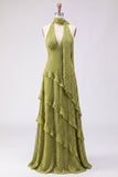 A-lijn gele halter hals chiffon maxi jurk met ruches