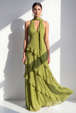 A-lijn gele halter hals chiffon maxi jurk met ruches