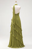 A-lijn gele halter hals chiffon maxi jurk met ruches