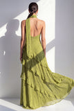 A-lijn gele halter hals chiffon maxi jurk met ruches
