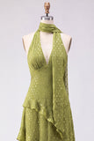 A-lijn gele halter hals chiffon maxi jurk met ruches