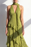 A-lijn gele halter hals chiffon maxi jurk met ruches