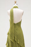 A-lijn gele halter hals chiffon maxi jurk met ruches