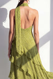 A-lijn gele halter hals chiffon maxi jurk met ruches