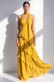 A-lijn gele halter hals chiffon maxi jurk met ruches