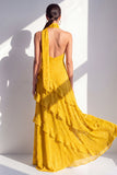 A-lijn gele halter hals chiffon maxi jurk met ruches