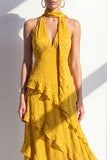 A-lijn gele halter hals chiffon maxi jurk met ruches