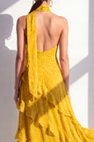 A-lijn gele halter hals chiffon maxi jurk met ruches