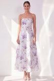 Lila bloem A-lijn strapless chiffon midi jurk