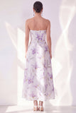 Lila bloem A-lijn strapless chiffon midi jurk