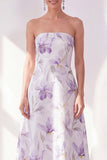Lila bloem A-lijn strapless chiffon midi jurk