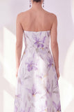 Lila bloem A-lijn strapless chiffon midi jurk