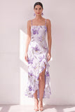 Lila Bloem Spaghetti Bandjes Chiffon Schede Met Ruffles Midi Jurk met split